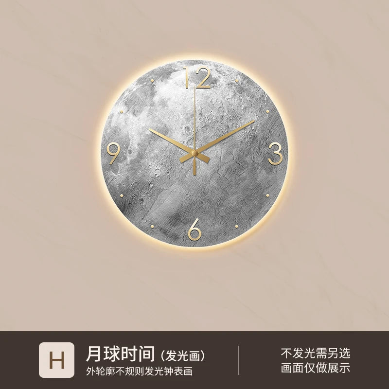 Reloj de pared minimalista moderno para sala de estar, pintura de piedra arenisca de Luna, Ideas de restaurante de moda para el hogar, decoración de pared con luz LED