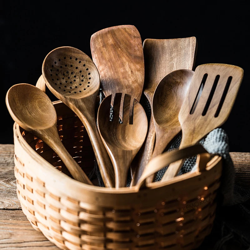 9 cucharas de madera para cocinar, utensilios de madera para cocinar con soporte para utensilios, juego de utensilios de cocina de madera de teca
