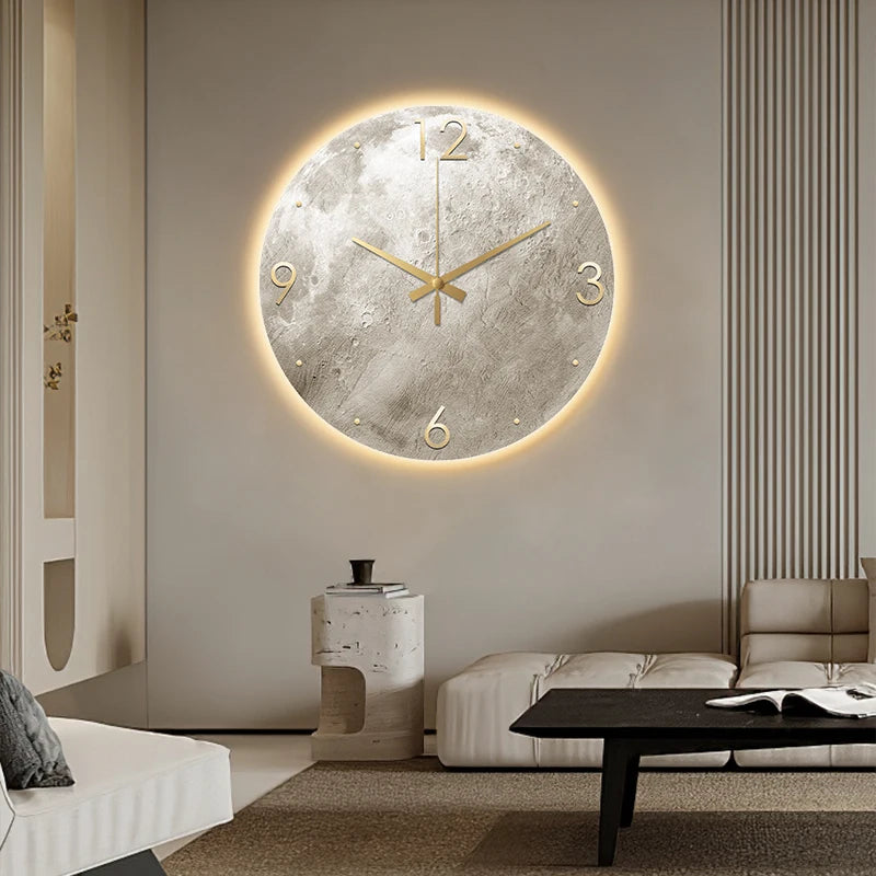 Reloj de pared minimalista moderno para sala de estar, pintura de piedra arenisca de Luna, Ideas de restaurante de moda para el hogar, decoración de pared con luz LED