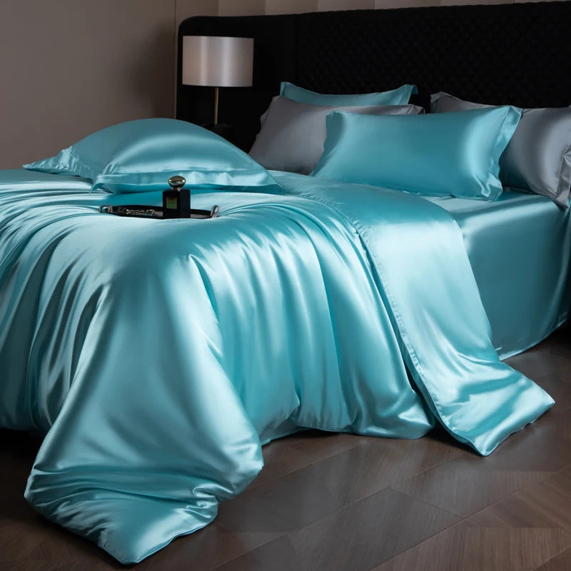 Juego de sábanas de seda, juego de cama de lujo con funda nórdica, sábana bajera ajustada/plana, fundas de almohada mezcladas con rayón King Queen Full Twin