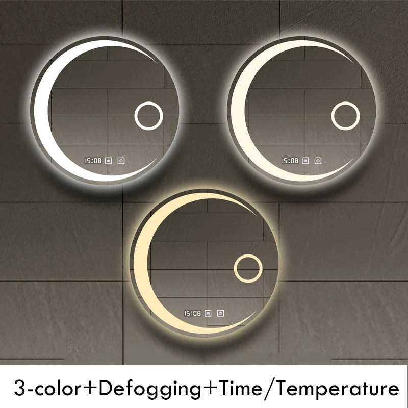 Espejo de baño con forma de luna redonda, luz LED ajustable de 3 colores con altavoz Bluetooth, espejo de maquillaje inteligente, 40/50/60cm