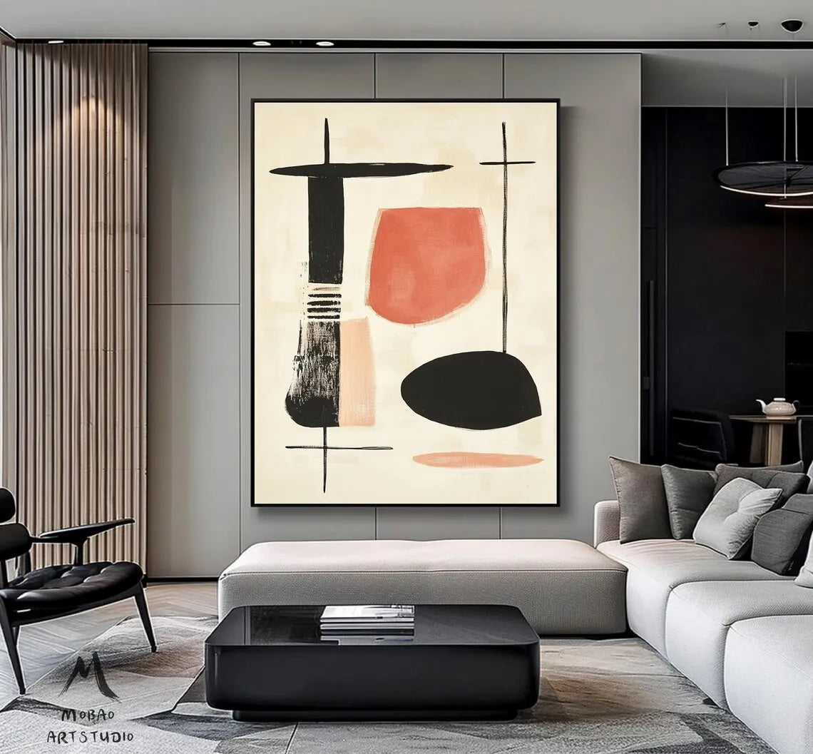 Pintura minimalista Beige hecha a mano, lienzo bohemio, arte de pared, pintura abstracta Beige, pintura de textura negra, decoración de pared de salón