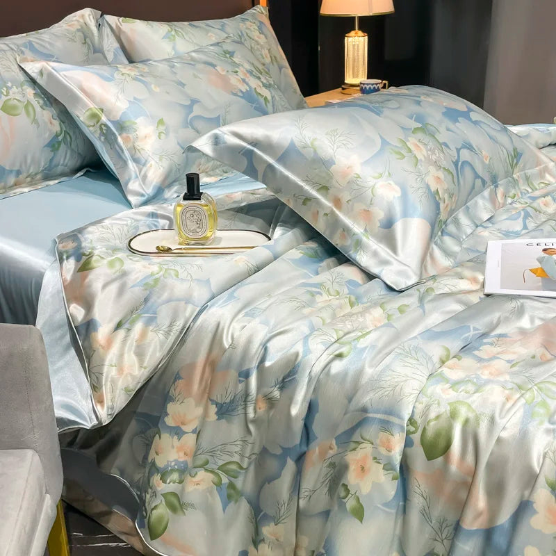Juego de ropa de cama de seda Natural de alta gama, edredón suave y sedoso de lujo, funda de edredón con estampado individual, doble, tamaño King