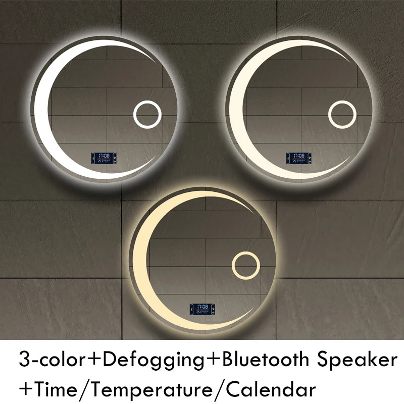 Espejo de baño con forma de luna redonda, luz LED ajustable de 3 colores con altavoz Bluetooth, espejo de maquillaje inteligente, 40/50/60cm