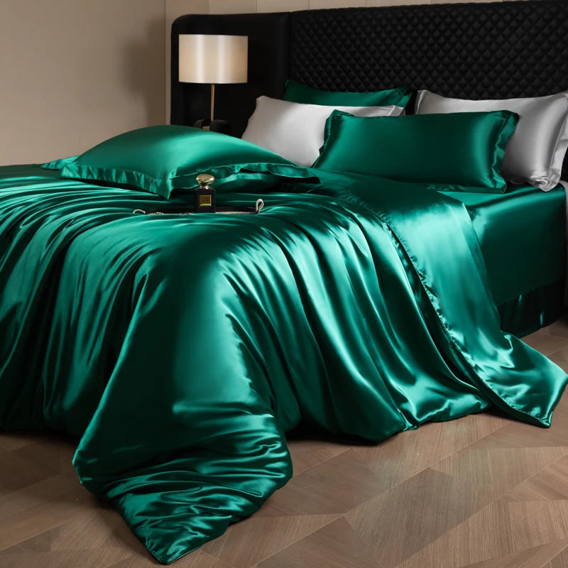 Juego de sábanas de seda, juego de cama de lujo con funda nórdica, sábana bajera ajustada/plana, fundas de almohada mezcladas con rayón King Queen Full Twin
