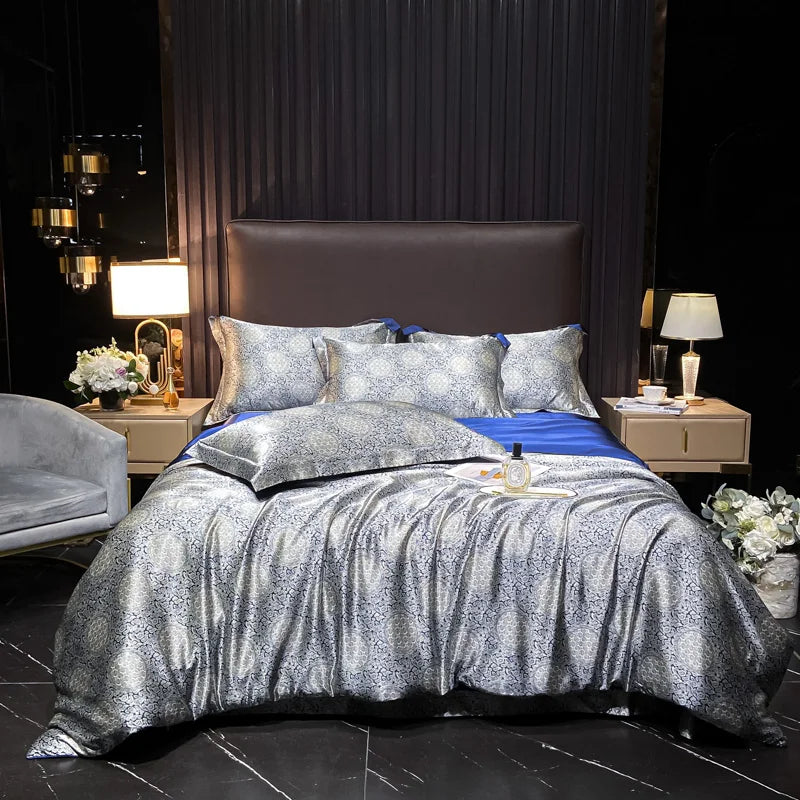 Juego de ropa de cama de seda Natural de alta gama, edredón suave y sedoso de lujo, funda de edredón con estampado individual, doble, tamaño King