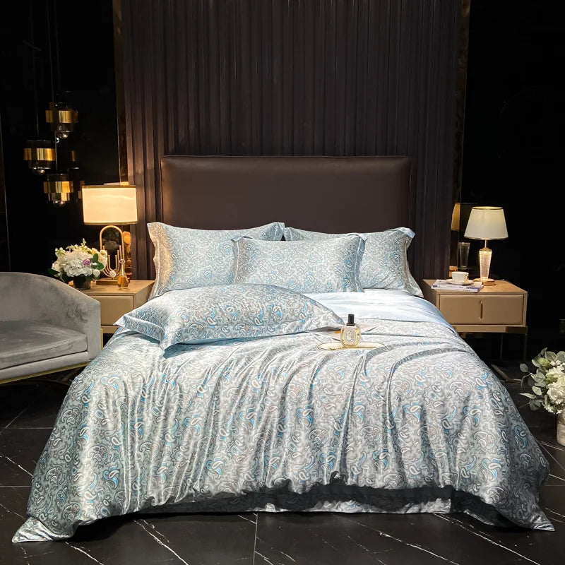 Juego de ropa de cama de seda Natural de alta gama, edredón suave y sedoso de lujo, funda de edredón con estampado individual, doble, tamaño King
