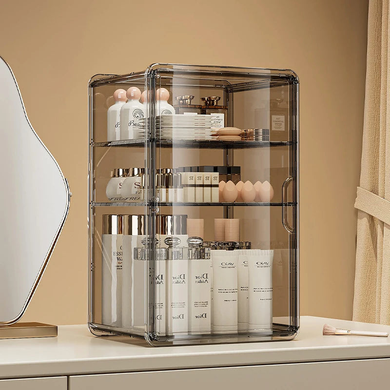 Organizador de Maquillaje de Acrílico Transparente, Estuche de Almacenamiento de Gran Capacidad a Prueba de Polvo, Estante de Escritorio para Cuidado de la Piel y Cosméticos