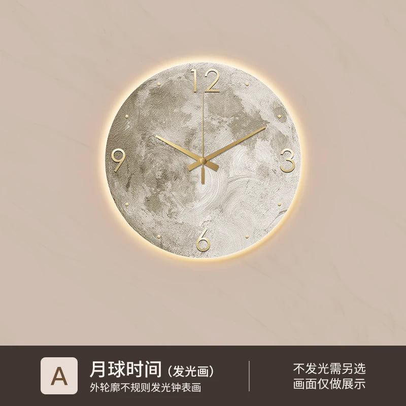 Reloj de pared minimalista moderno para sala de estar, pintura de piedra arenisca de Luna, Ideas de restaurante de moda para el hogar, decoración de pared con luz LED