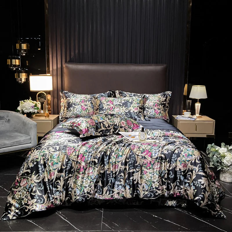Juego de ropa de cama de seda Natural de alta gama, edredón suave y sedoso de lujo, funda de edredón con estampado individual, doble, tamaño King