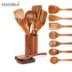 9 cucharas de madera para cocinar, utensilios de madera para cocinar con soporte para utensilios, juego de utensilios de cocina de madera de teca