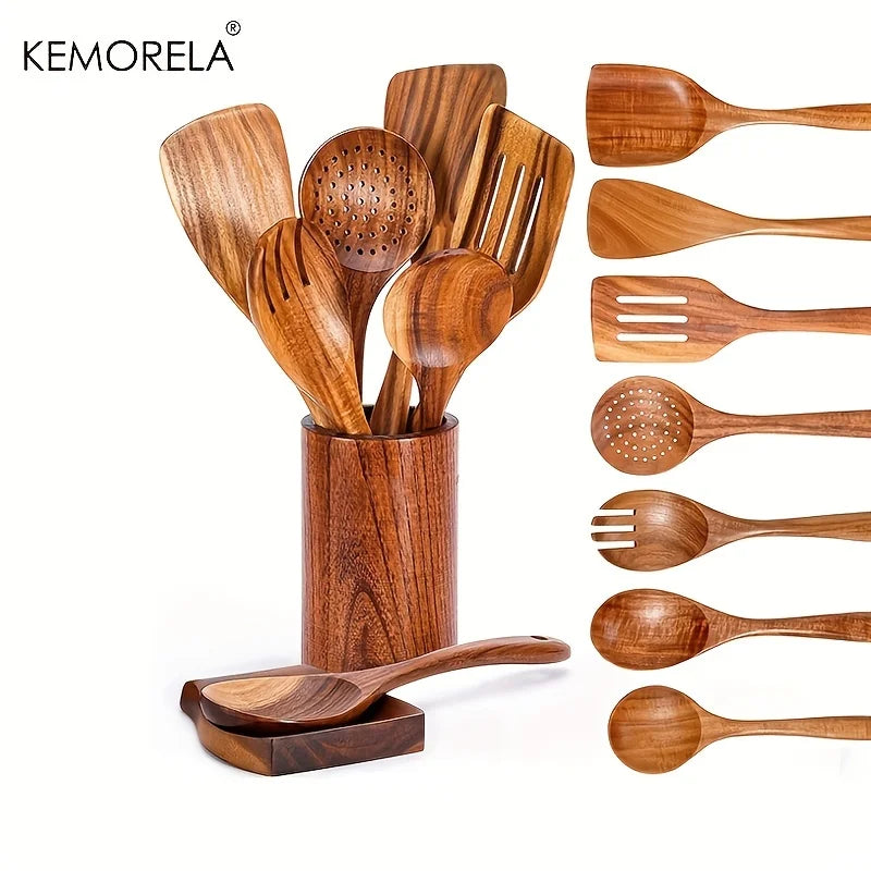 9 cucharas de madera para cocinar, utensilios de madera para cocinar con soporte para utensilios, juego de utensilios de cocina de madera de teca