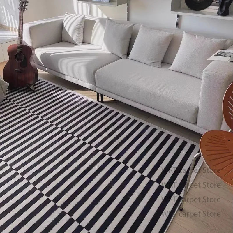 Alfombra moderna a rayas blancas y negras, decoración minimalista para dormitorio, mesita de noche, alfombra corta de terciopelo, alfombras antideslizantes para salón y guardarropa