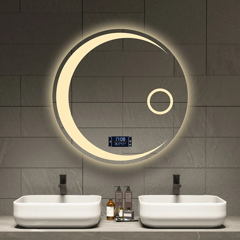 Espejo de baño con forma de luna redonda, luz LED ajustable de 3 colores con altavoz Bluetooth, espejo de maquillaje inteligente, 40/50/60cm