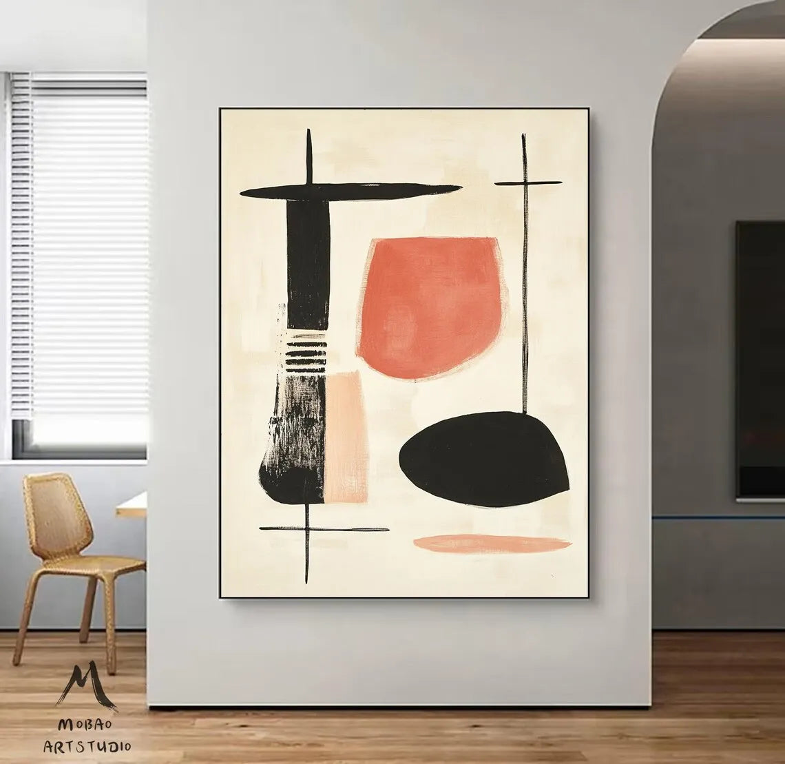 Pintura minimalista Beige hecha a mano, lienzo bohemio, arte de pared, pintura abstracta Beige, pintura de textura negra, decoración de pared de salón